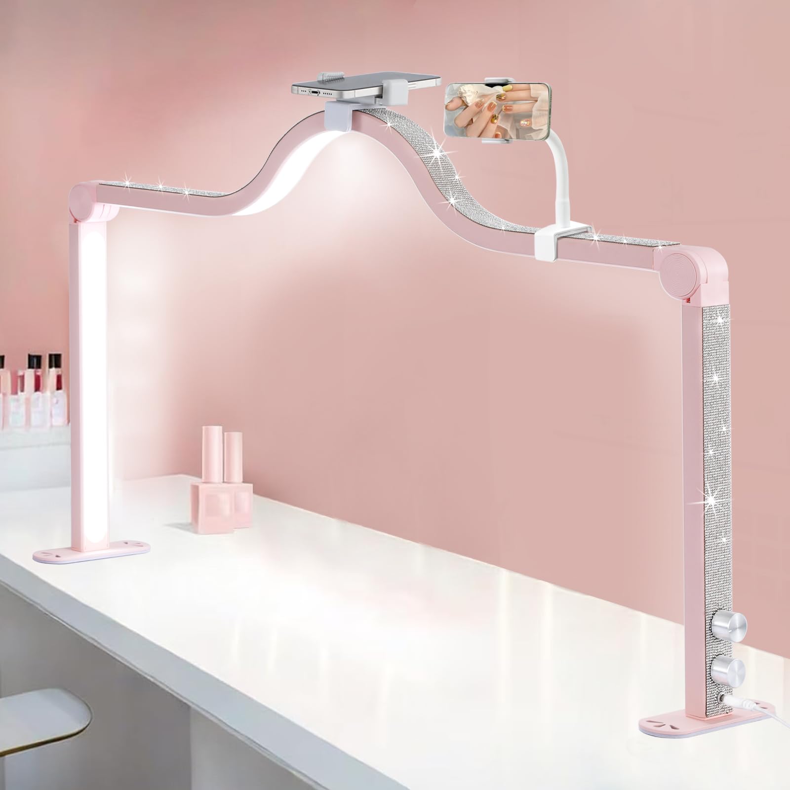 Upgraded Nail Tech Lamp with Dual Phone Holder, 34 in Foldable Large Nail Light for Desk, 3 Modes 3000K-6000K LED Manicure Lamp, Half Moon Light for Lash Eyelash Extension, Tattoo, Eyebrows