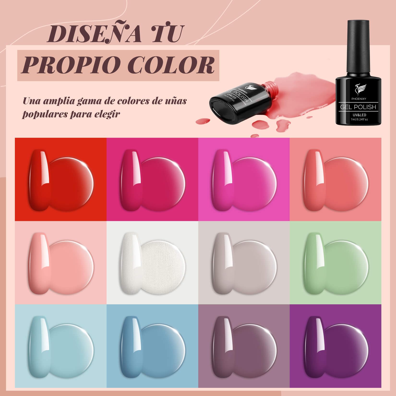 Phoenixy Kit Uñas Semipermanentes, 12 Colores 7ml, Kit Completo con 36W U V/LED Lampara Uñas Semipermanentes, Esmalte Semipermanente con Base y Top Coat