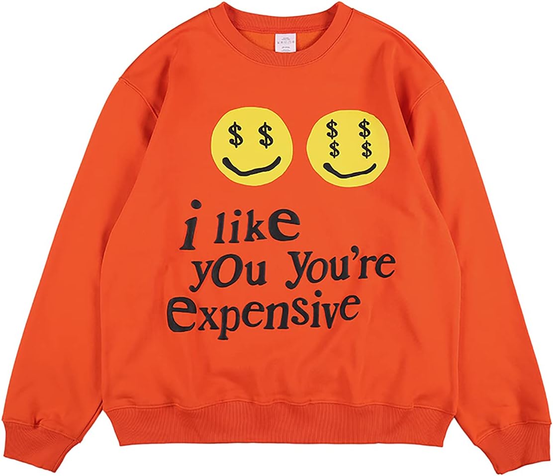 ArnodefranceMen i like you you're expensive Sweatshirt Oversized Hip Hop Letter Printing Crew Neck Sweatshirts Pullover