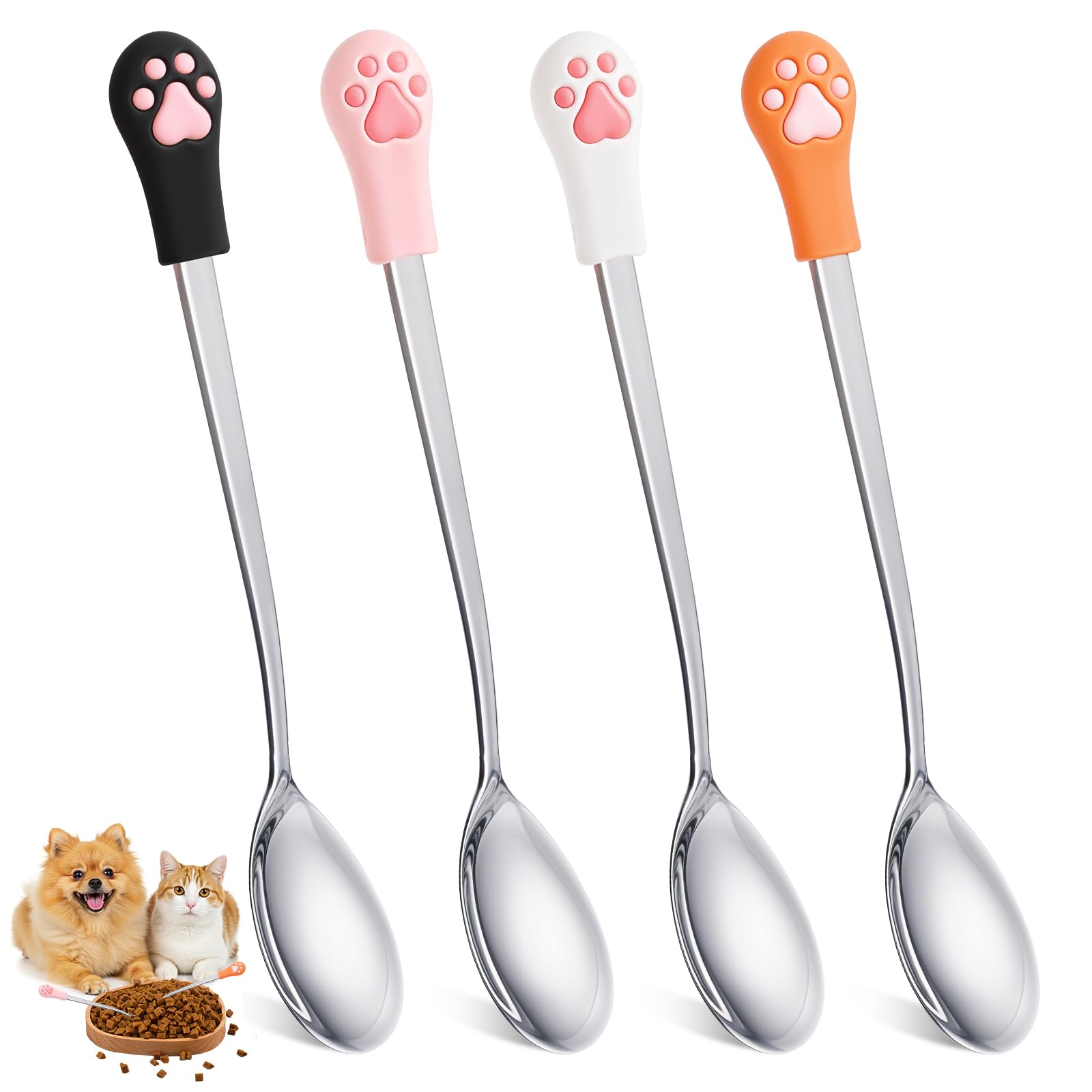 4pcs Cat Spoons for Wet Food,Stainless Steel Pet Spoon,Cat Food Spoon with 5.9 In Long Handle,Cute Silicone Cats Claw Mixing Spoons for Canned Pet