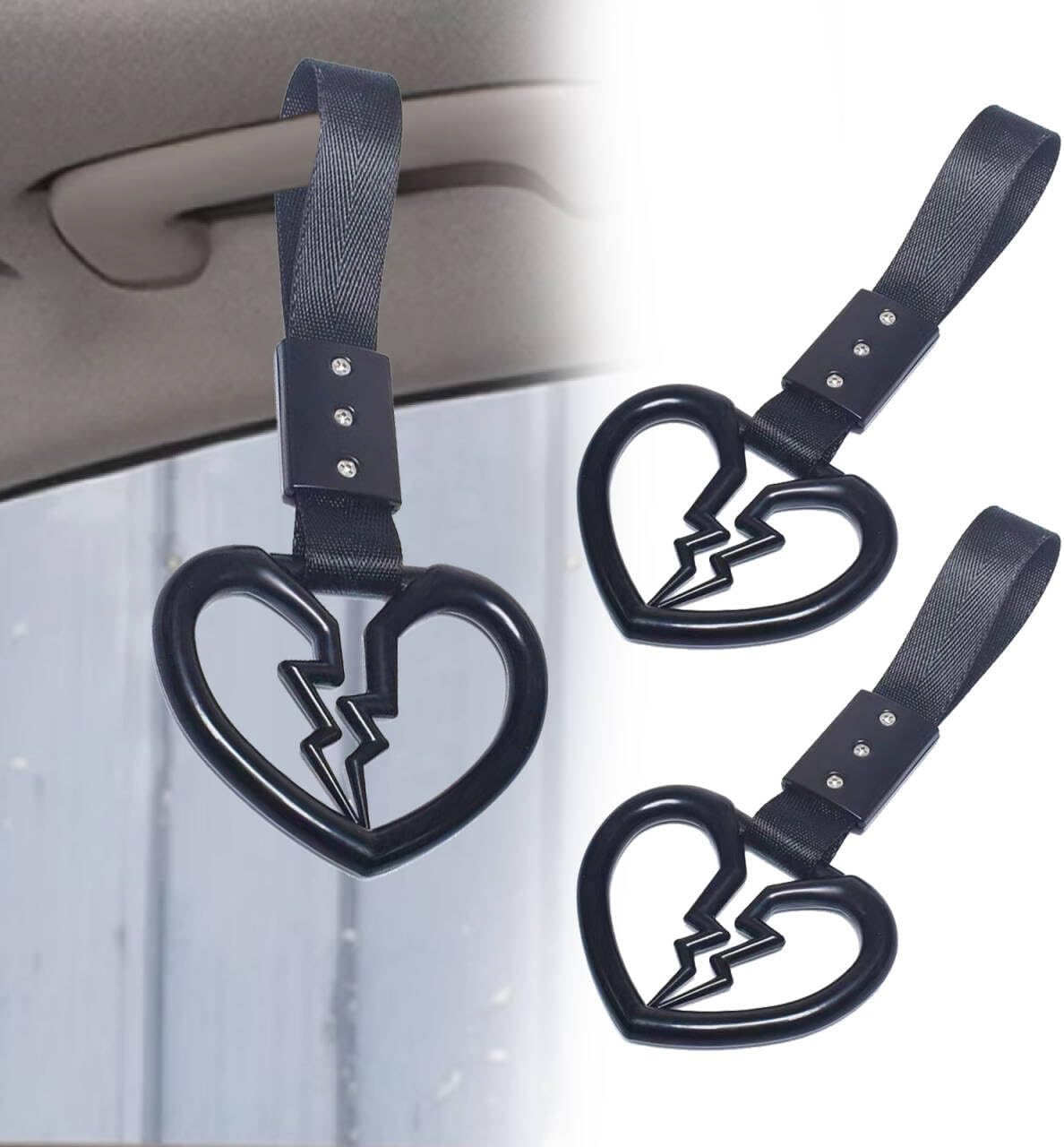 2 Pcs Broken Heart Shaped Car Handle Straps,Car Warning Hanging Ring,Handle Straps Drift Warning Loops, Universal For Car Suv Bus (Black)