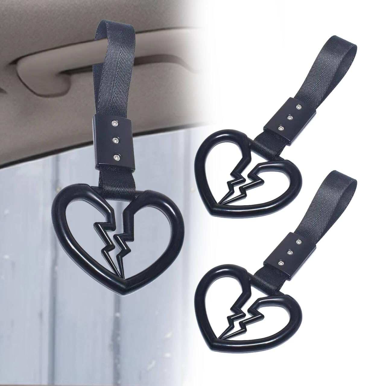 2 Pcs Broken Heart Shaped Car Handle Straps,Car Warning Hanging Ring,Handle Straps Drift Warning Loops, Universal for Car SUV Bus (Black)