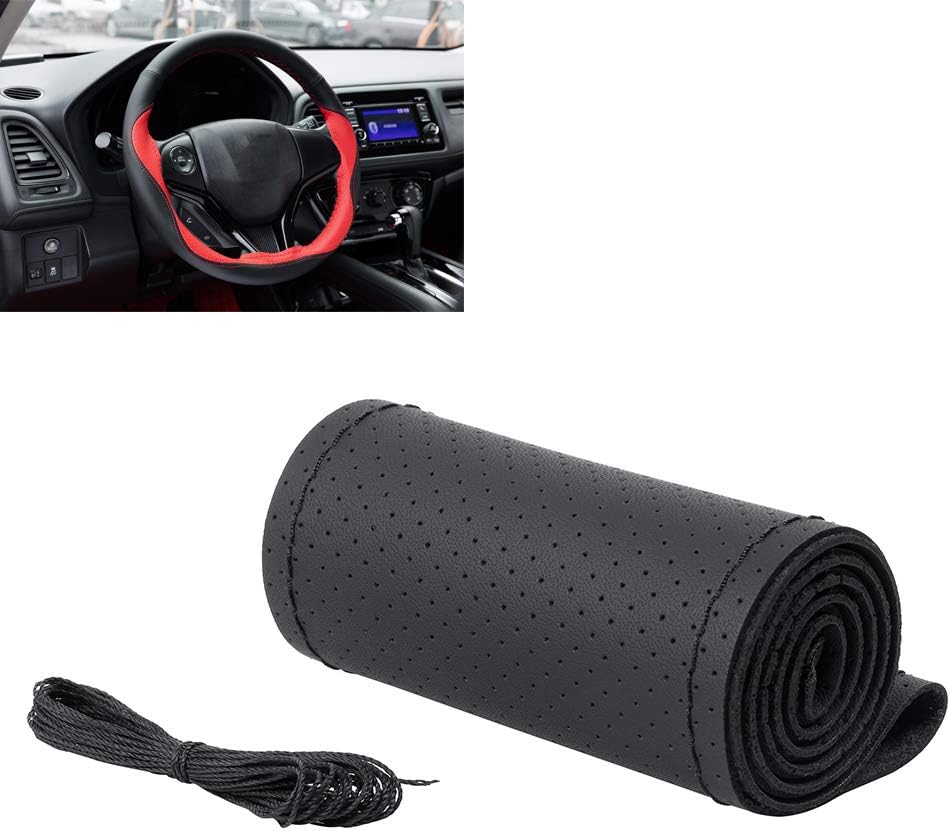Jialuode Car Steering Wheel Cover for Elantra Knitting DIY Mounting Kit Perforated Leather Black （14.5 inch to 15 inch） Non-Slip, Heat-Resistant