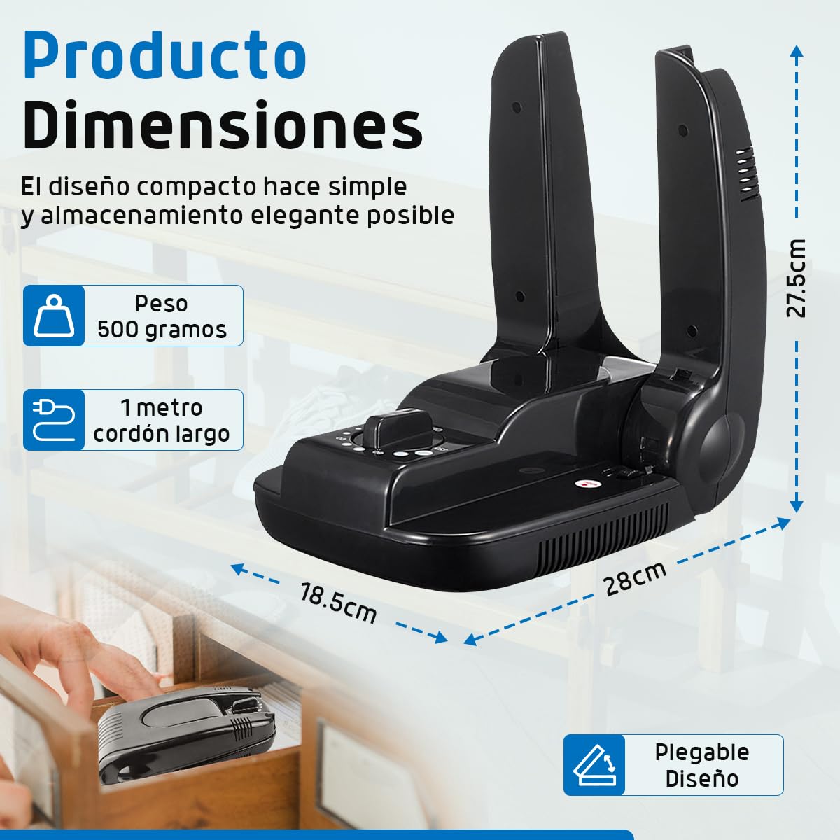 Fleau Secador de zapatos inteligente Función de secado/ozono - Ambientador de zapatos - Eliminador de olores - Incl. Bolas perfumadas y cepillo para zapatos (Secador de zapatos con temporizador)
