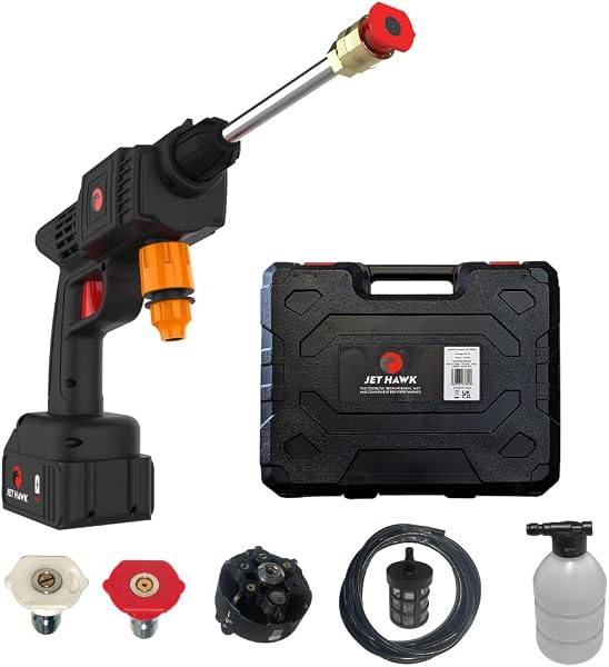 Jet Hawk – Portable Cordless High-Pressure Washer As Seen on High Street TV - Use Any Water Source – 6 in 1 - Inc Spray Nozzles, 5m Hose, Hose Connector, Free Soap Dispenser Bottle & Hard Carry Case - 1