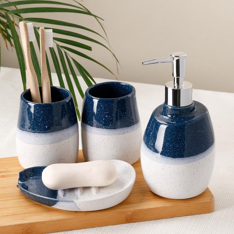 Ceramic Bathroom Accessories Set of 4 Gradient White and Blue Washing Set 2 Gargle Cups,1 Soap Dishes,1 Lotion Dispenser Ideas Home Gift for Ware Home Decor