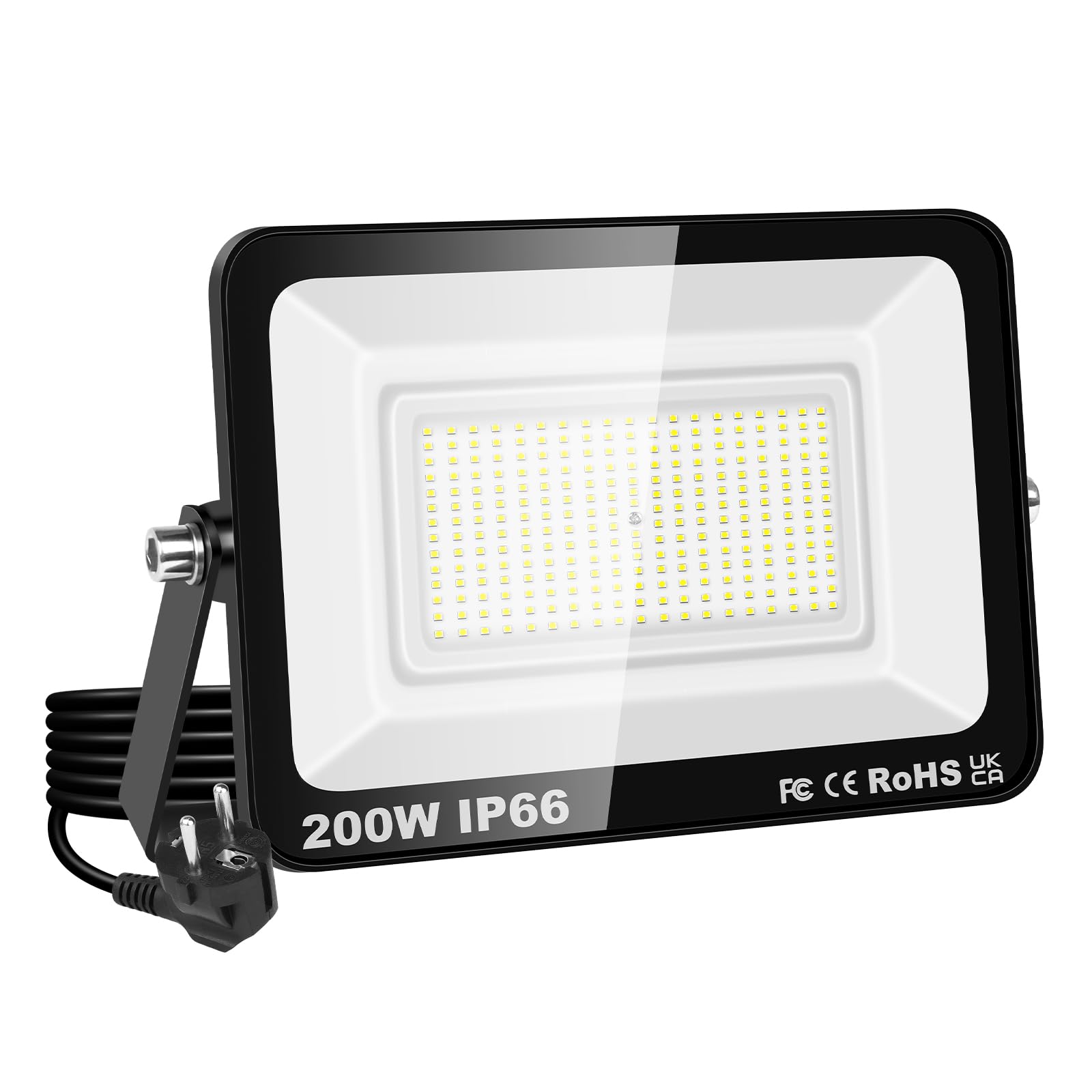RIGIDON led strahler außen & innen mit stecker, 1x 200W 20000lm spotlight | 230V, wasserdicht, 6000K kaltweiß, fluter scheinwerfer flutlicht, baustellen arbeitsstrahler, für garten garage terrassen hof