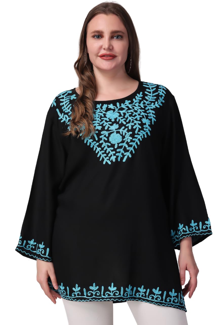 Women's Rayon Black Embroidery Short Kaftan Top