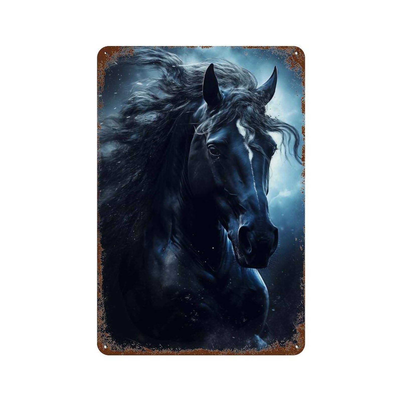 Black Stallion Portrait 11.8"x7.9" Distressed Metal Wall Sign, Shabby Chic Decor for Shed, Workshop And Garage Wall Decor