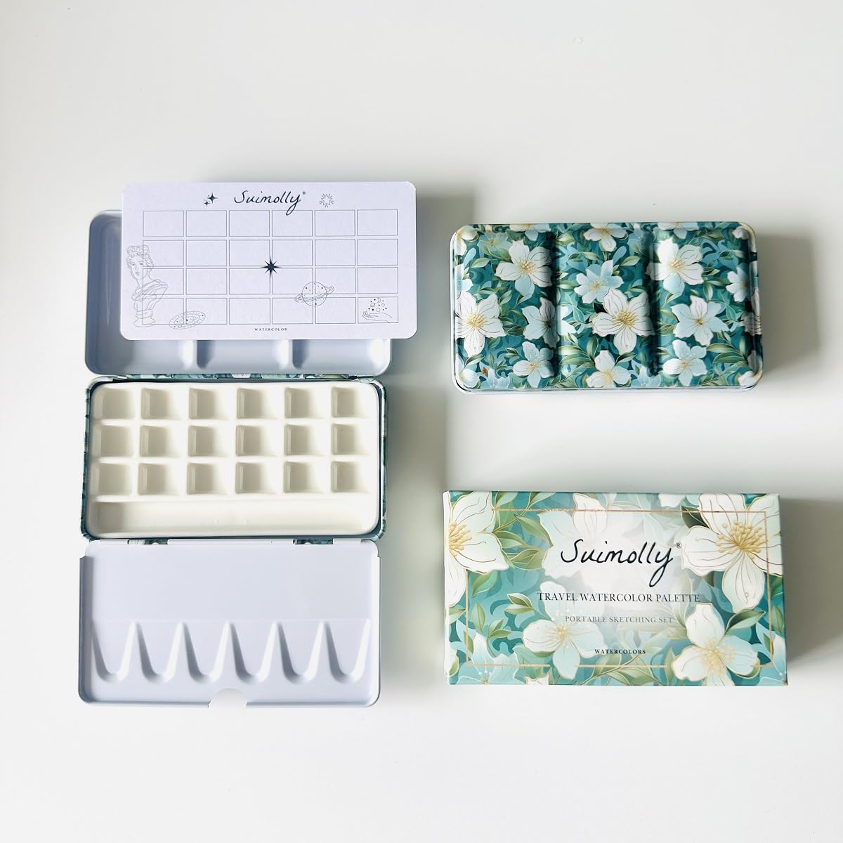 Suimolly Silver Watercolor Palette,Ceramic Palette,Portable Travel Metal Paint Boxwith Porcelain Palette,For Artists Illustrations, Drawin (18Well)