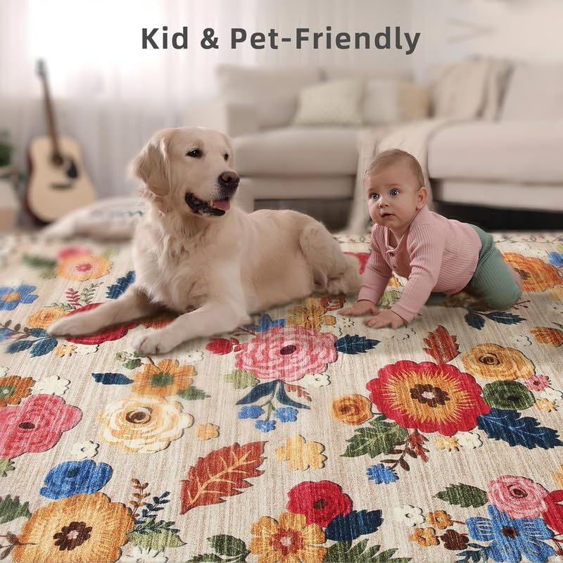 Washable Area Rugs for Living Room: 6x9 Area Rug for Bedroom Vintage Floral Large Rug Stain Resistant Non Slip Low Pile Faux Wool Soft Rugs for Entryway Dining Room Bedside Kitchen Nursery