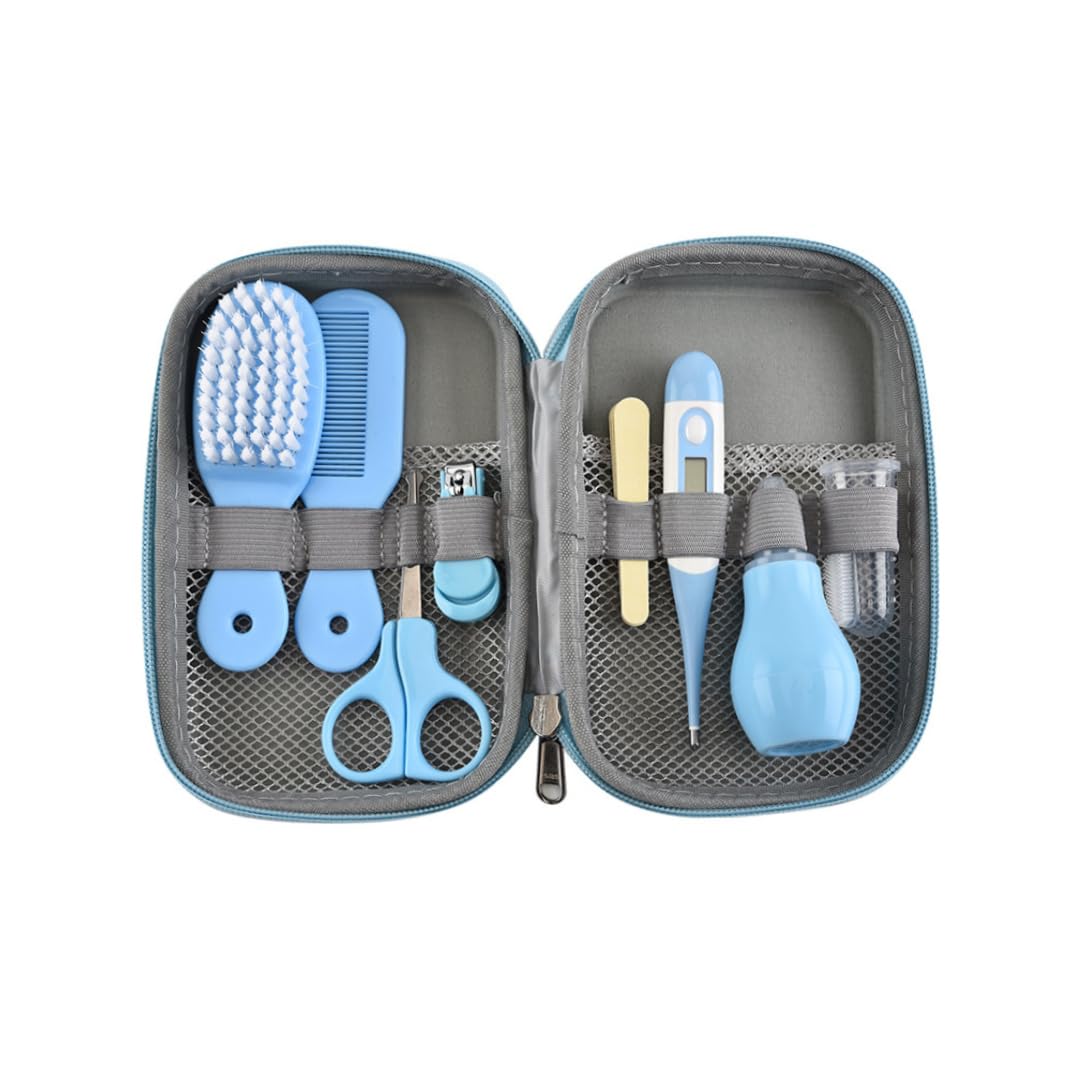 Kit Toelettatura Neonato 8 Pezzi – Forbici, Tagliaunghie, Aspiratore Nasale, Termometro, Pettini E Spazzolino In Custodia Blu, Sicuro E Portatile
