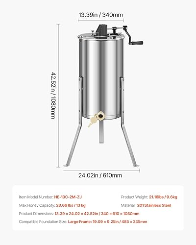 Miniatura 25 de VEVOR Extractor de miel, extracción manual de apicultura de acero inoxidable de 2/4 marcos, tambor giratorio de panal con tapa transparente,