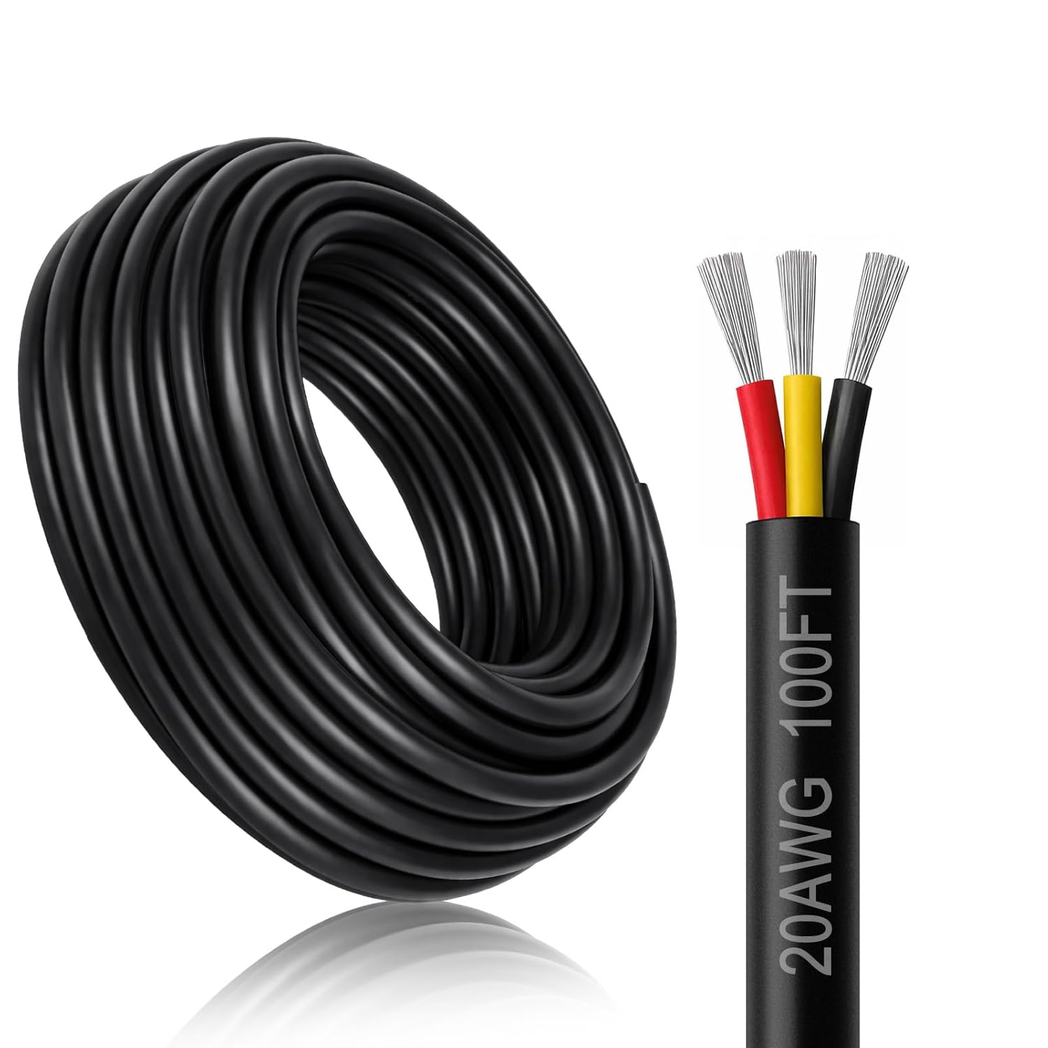 20 Gauge 3 Conductor Electrical Wire, 100FT Black Stranded Low Voltage 20/3 Wire PVC Case, 20 AWG Tinned Copper 3 Wire Cable, Flexible Extension Power Cord for LED Lamp Lighting, Automotive Wiring