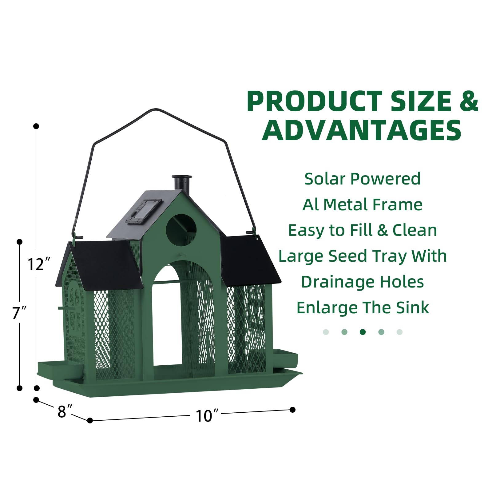 Comedero solar para pájaros para colgar en el exterior, comedero de pájaros de gran capacidad para colgar al aire libre, comedero de malla de metal para pinzón cardenal (verde y negro)