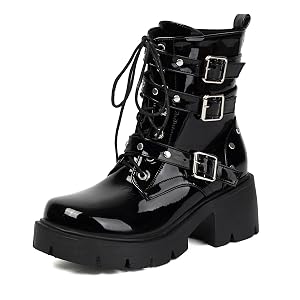 Womens Chelsea Combat Boots Fashion Lug Platform Chunky Heel Lace Up Goth Boots Buckle Strap Punk Short Booties