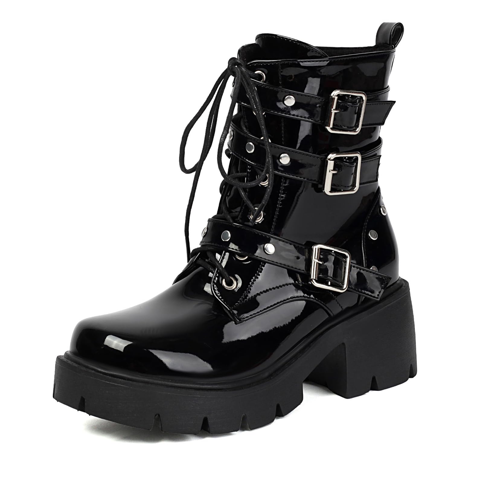 Womens Chelsea Combat Boots Fashion Lug Platform Chunky Heel Lace Up Goth Boots Buckle Strap Punk Short Booties