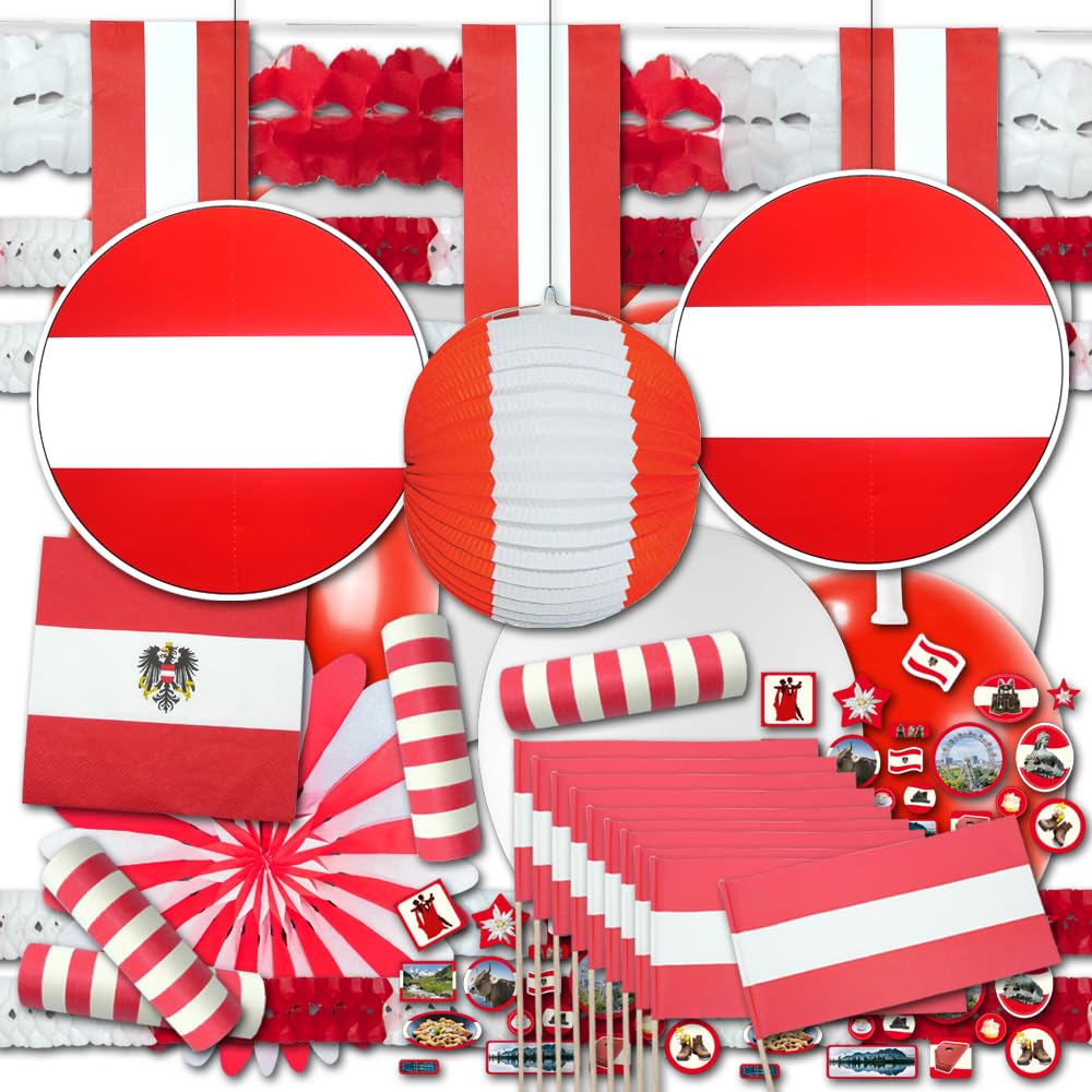 Österreich Deko Set rotweißrot groß - Partydeko im Design der rot-weißen, österreichischen Flagge, Girlanden, Fähnchen, Fahnenkette, Tischdeko Motive, Dekohänger, Lampion, Servietten im Dekoset
