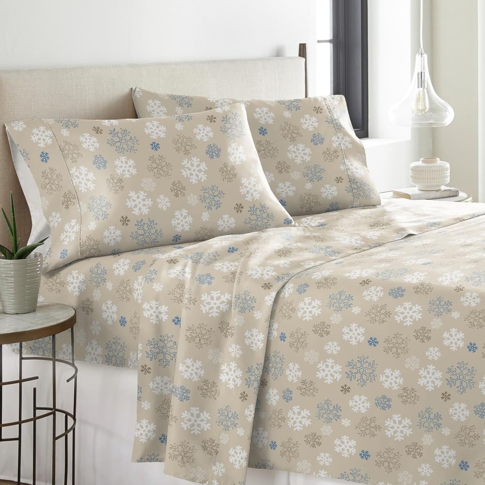 Soft & Durable 4 Piece Deep Pocket Heavyweight Cotton Flannel Sheets Set King Size Plain Weave for Cozy Texture | Tan Blue White Snowflakes Pattern Holiday Theme Christmas Bedding