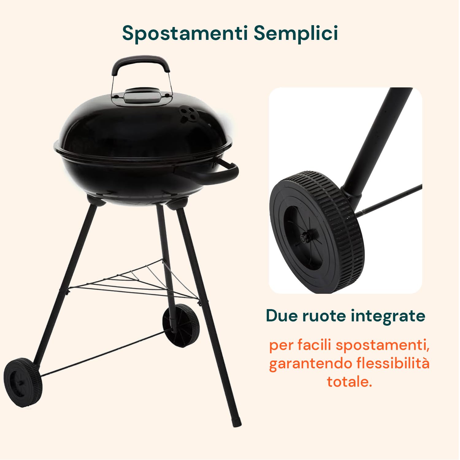 Avilia Barbecue a Carbonella in Acciaio 65x55.5x86.5 cm, BBQ con Coperchio Ermetico, Ruote e Maniglie Ignifughe, Griglia Circolare 43 cm e Vassoio Raccogli Cenere – Ideale per Grigliate all’Aperto
