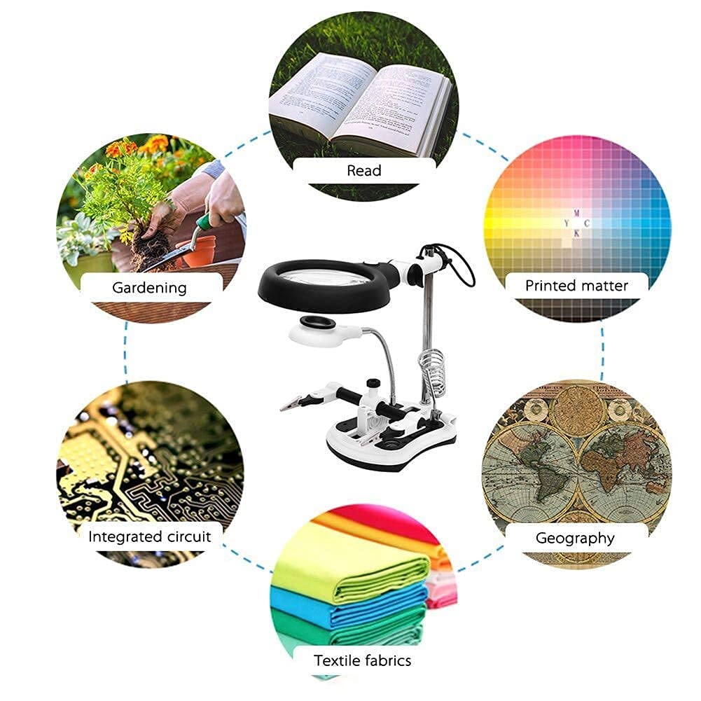 JOZZY Lente d'Ingrandimento,Lenti d'Ingrandimento per Hobby, Luce LED da Lettura Aiuto Clip per Riparazione Manuale Coccodrillo Clip ausiliaria Staffa Morsetto da Tavolo e Clip a Coccodrillo - Ass