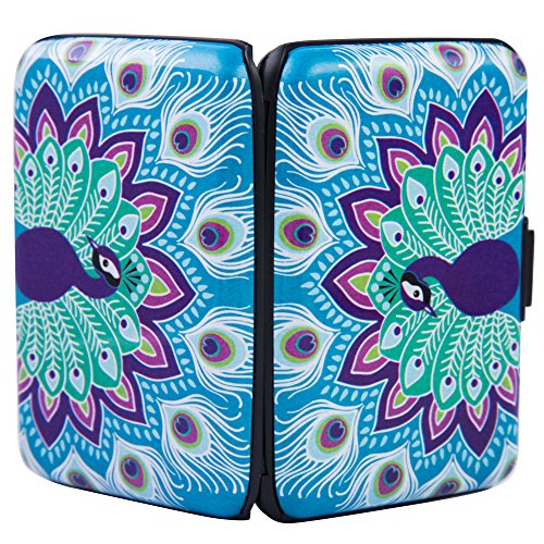 ELFISH Mini RFID Aluminum Wallet Credit Cards Holder Business Card Case Metal ID Case for Men Women (Blue peacock)