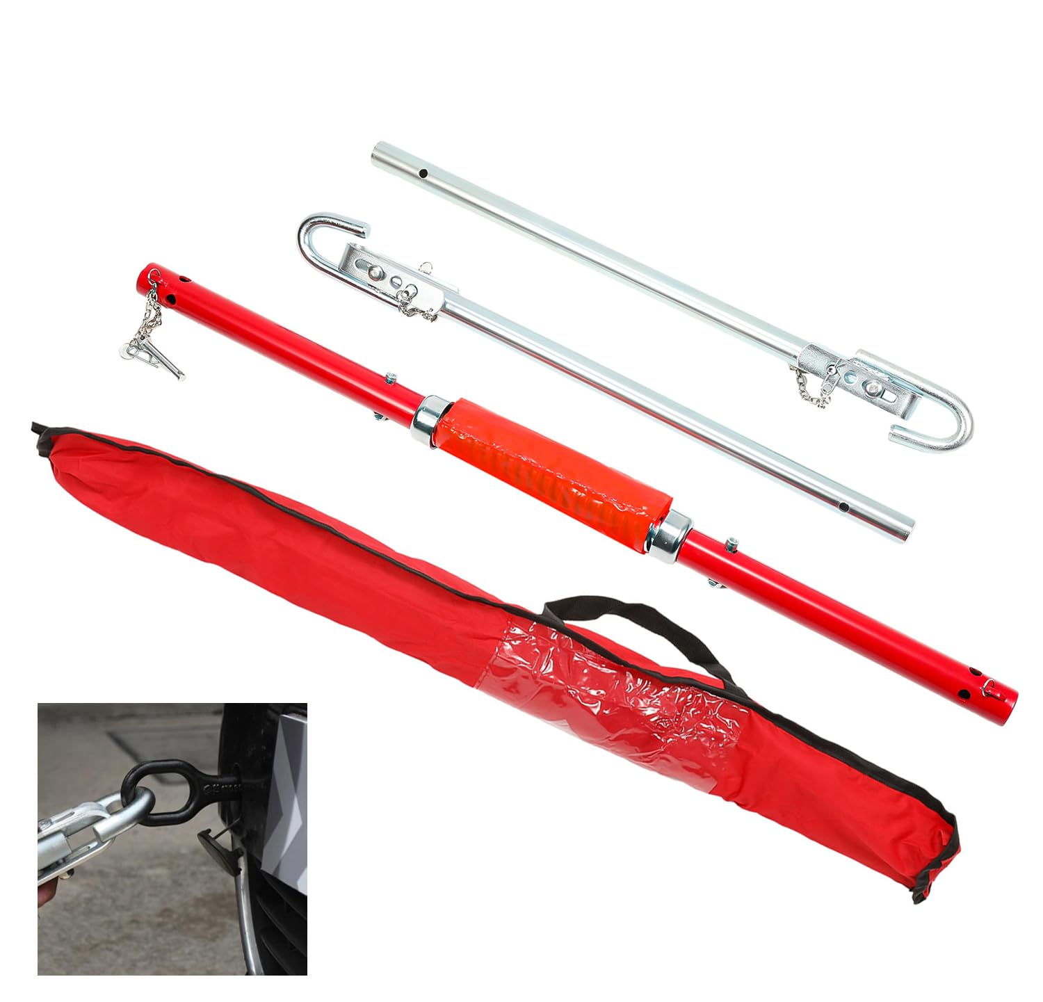 GEARMONSTER Abschleppstange 3-TLG 3T, Abschlepphilfe Schleppstange aus Stahl mit Warnfarbe, Fähnchen, Dämpfer und Tasche, 195cm