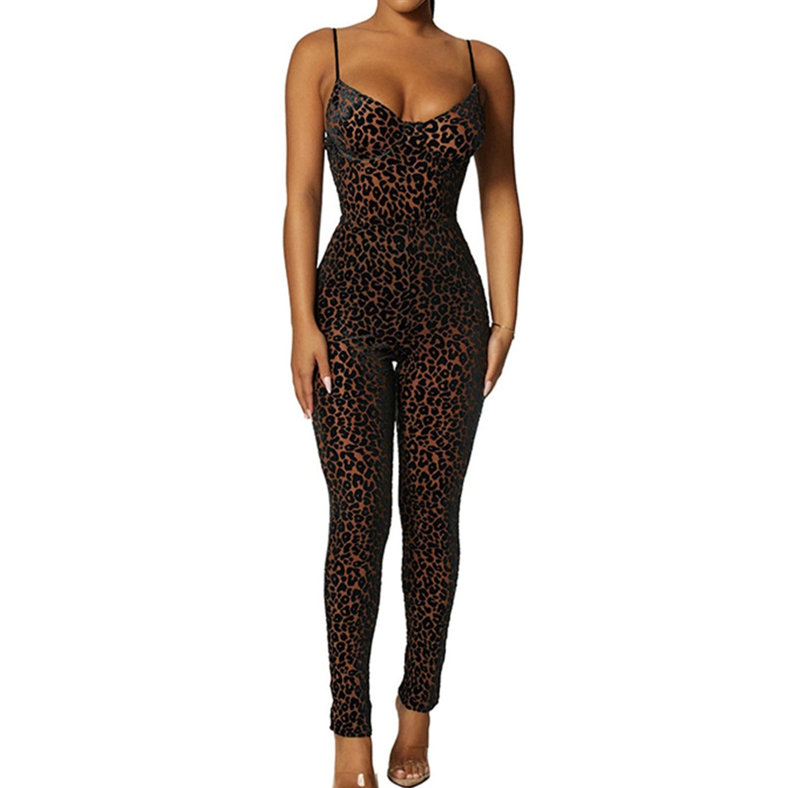 inhzoy Mono Largo de Una Pieza sin Mangas para Mujer Mono Deportivo Informal Estampado de Leopardo Sexy con Cuello en V Profundo de Cintura Alta