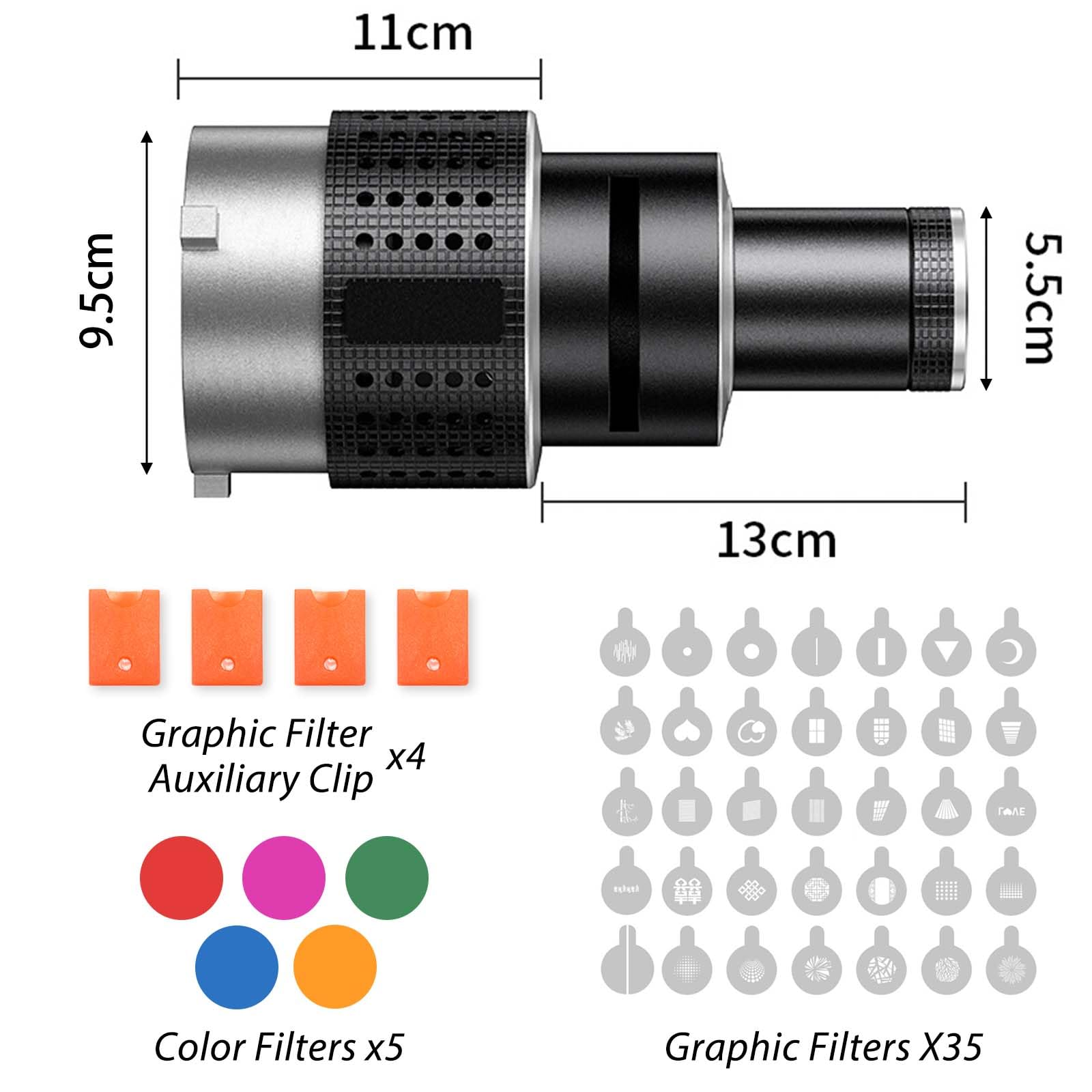 Optical Snoot for Bowens Mount Light, Projectie Snoot Kit Compatibel met Amaran 60D/100X/200D/X Storm 400x, voor Godox SL60/AD400/CB300C, voor Nanlite FS150B, met 4 Kleurfilters & 39 Gobos Optical Snoot for Bowens Mount Light, Projectie Snoot Kit Compatibel met Amaran 60D/100X/200D/X Storm 400x, voor Godox SL60/AD400/CB300C, voor Nanlite FS150B, met 4 Kleurfilters & 39 Gobos