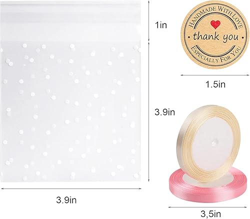 Miniatura 2 de Juego de bolsas autoadhesivas para galletas, 200 bolsas de plástico con lunares blancos y 204 etiquetas de agradecimiento y 2 rollos de cuerda de