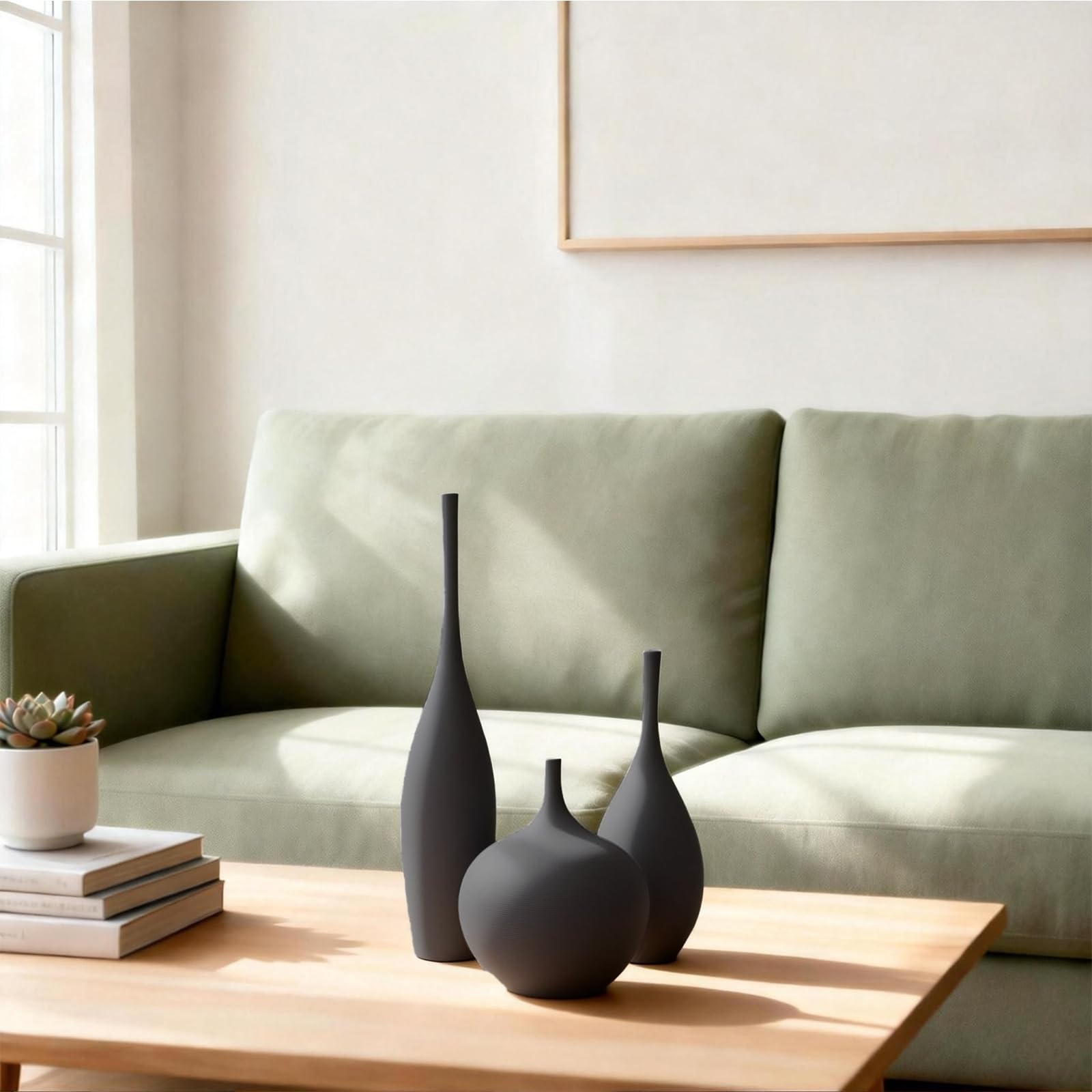 Relexome Vaso in Ceramica Nero Moderno Boho Wabi-Sabi Set di 3 Vasi Decorativi Estetici per Centrotavola Vasi Minimalisti Opachi per Soggiorno, Tavolo, Mensola, Decorazione della Casa, Regalo