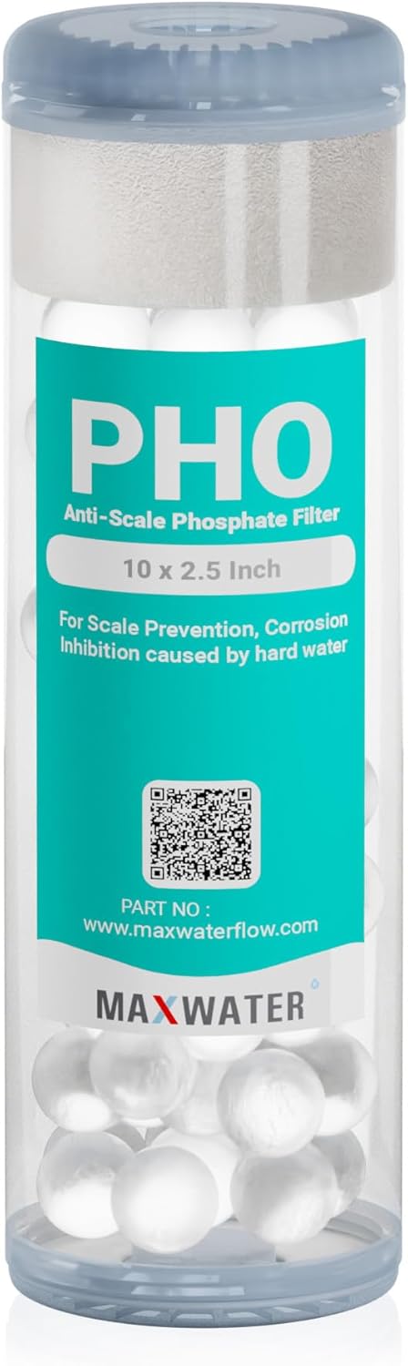 Max Water 10" x 2.5" Anti-Scale Water Filter Cartridge, Siliphos Polyphosphate (PHO) Replacement Filter, Fits Standard 10" Whole House Water Filtration System, Reduces Scale, Corrosion & Iron Staining