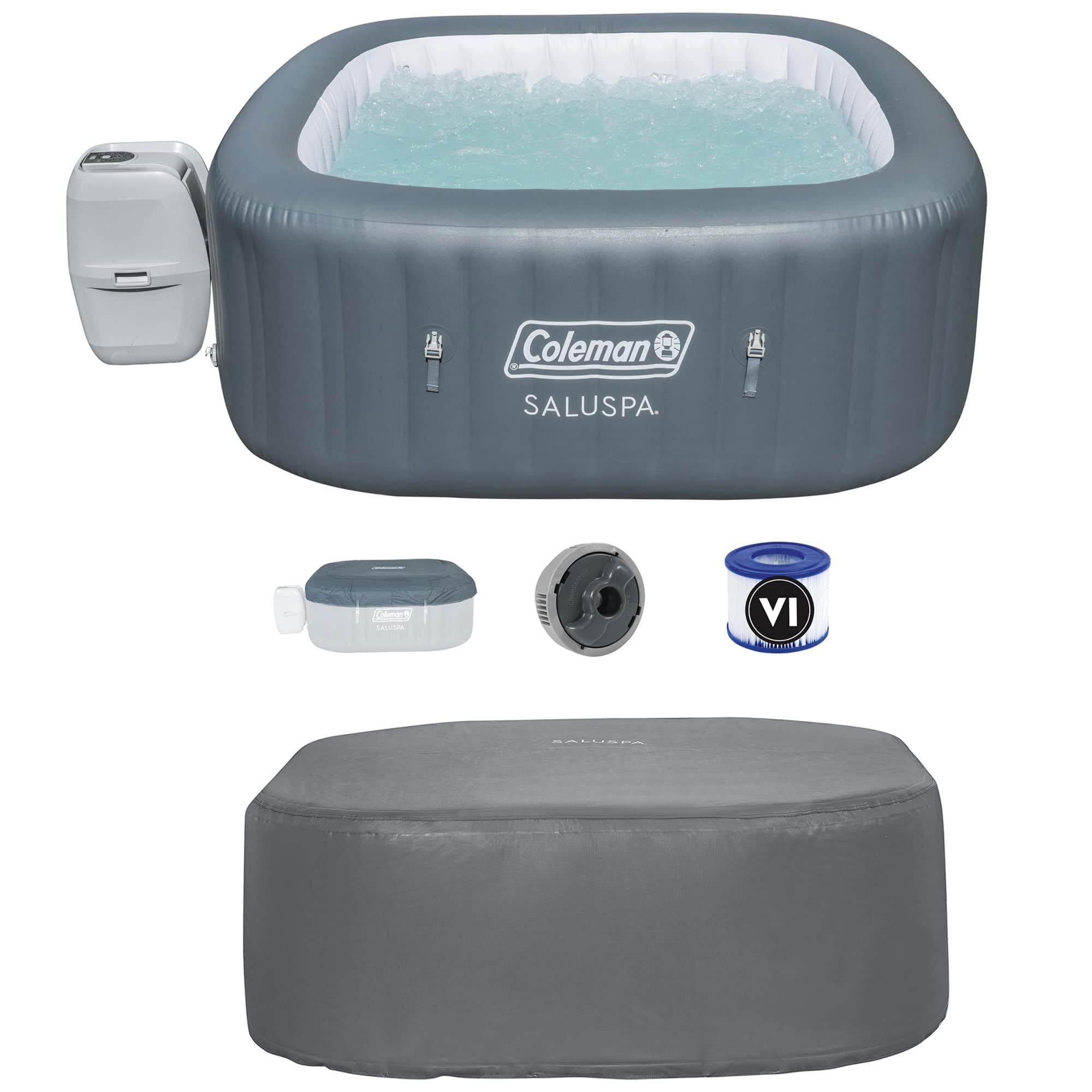 Coleman SaluSpa 6 Person Inflatable Square Hot Tub Spa with 114 AirJets &  71 x 71 x 28 Inch EnergySense DuraPlus Waterproof Square Thermal Spa Cover
