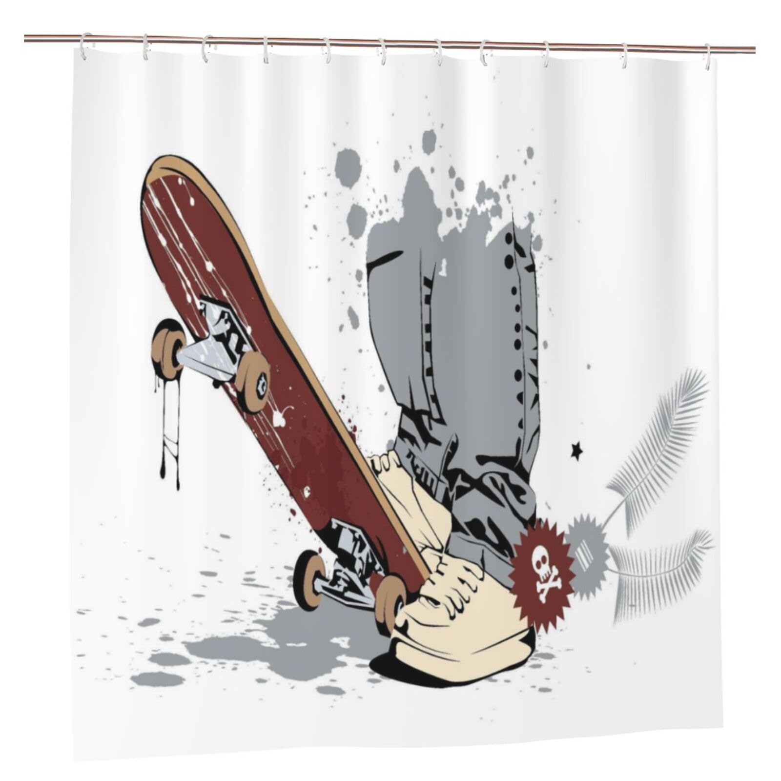 Oudrspo Polyester Fabric Shower Curtain - 70x70 Inch with Metal Grommets, Artistic Privacy Design, Skateboard with Child's Feet in The Illustration of Sneakers and Jeans