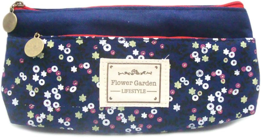 Canvas Garden Flowers Double Zipper Pencil Bag Pen Case Navy