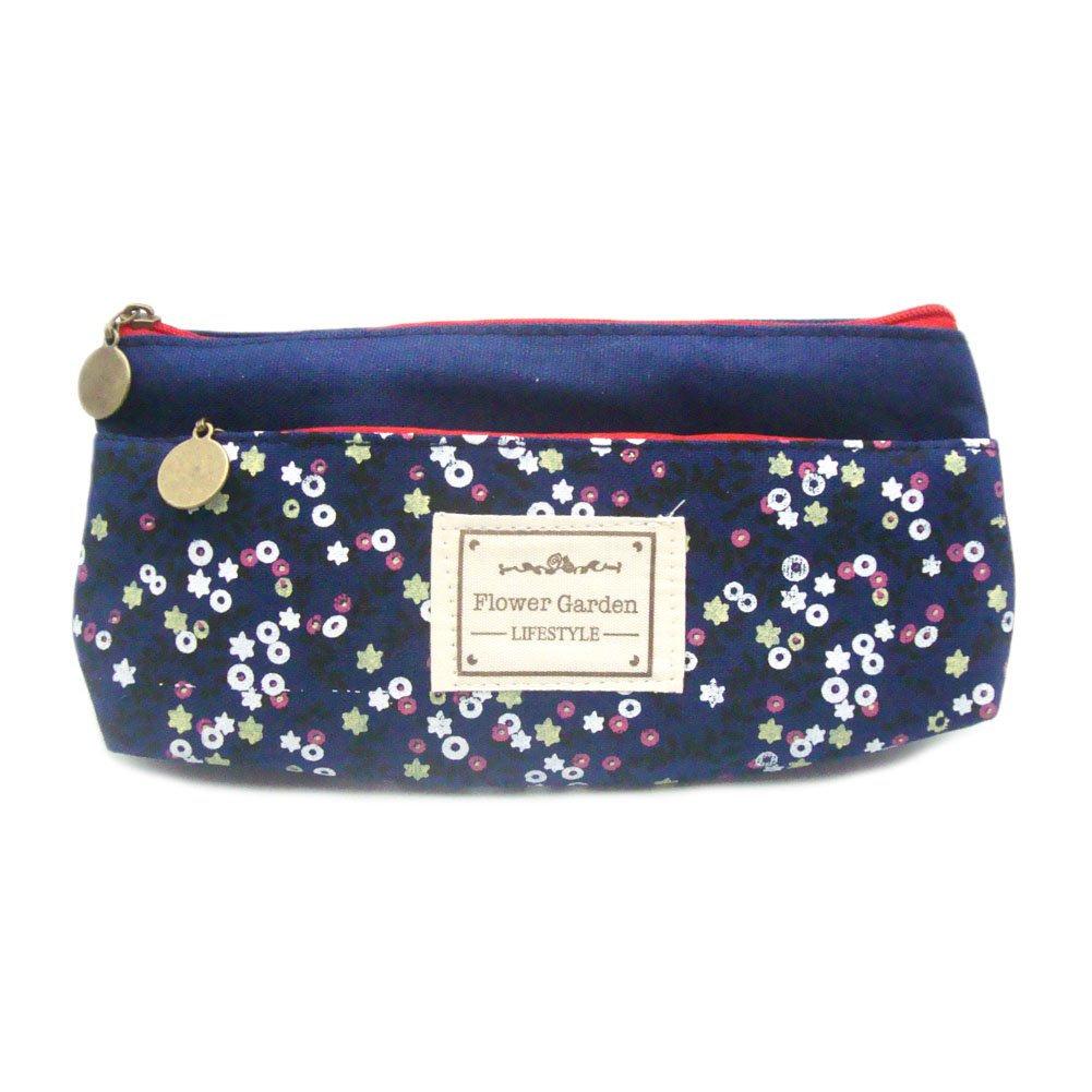 Canvas Garden Flowers Double Zipper Pencil Bag Pen Case Navy