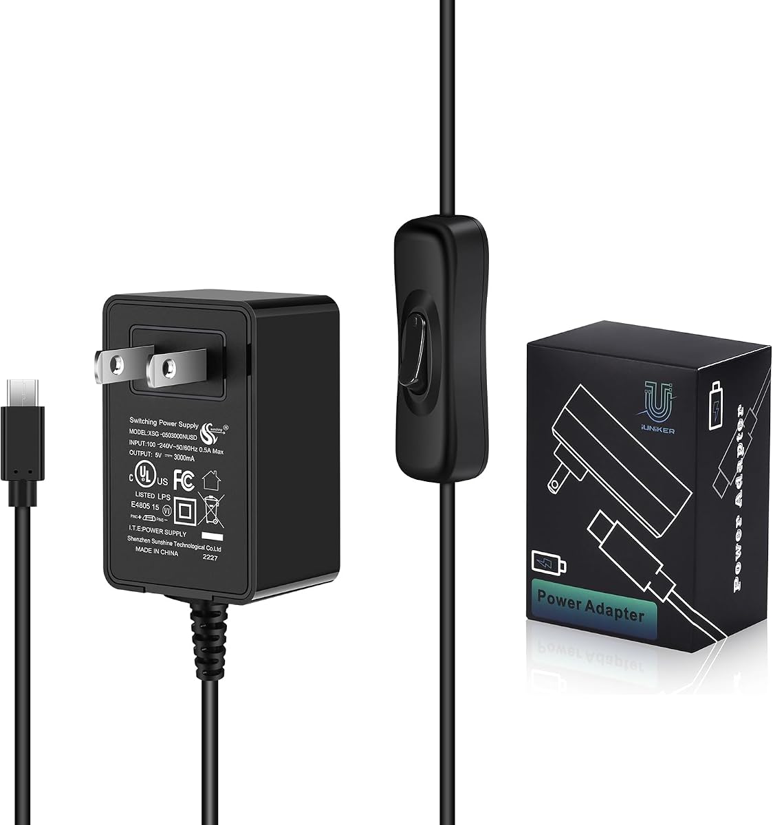 [5V 3A UL Listed] iUniker Power Supply for Raspberry Pi 3, MicroUSB Power Adapter with on/Off Switch Compatible with Raspberry Pi 3/ 3b+/ Zero/Zero 2w