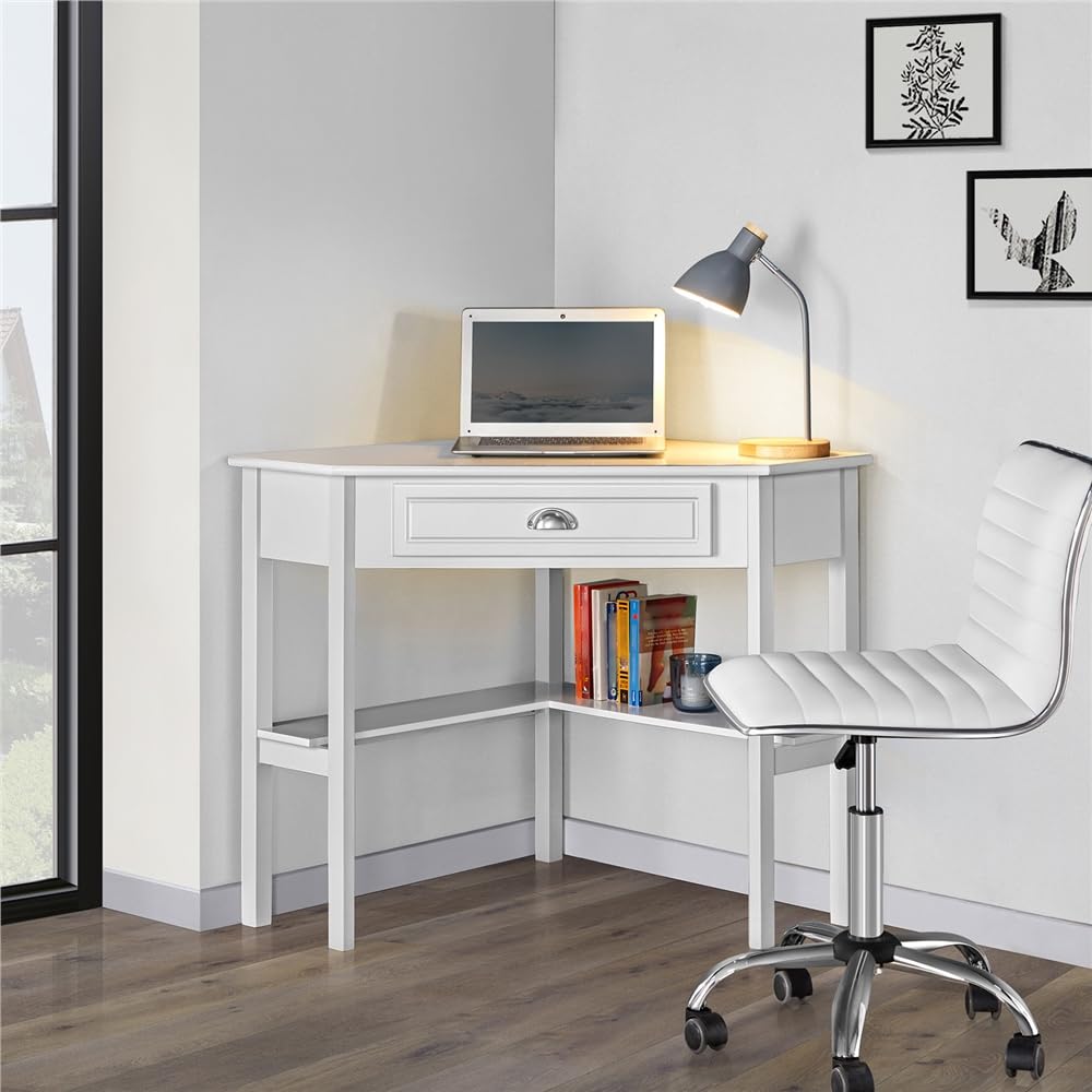 Yaheetech Escritorio Esquinero Grande Escritorio en L con Cajón, Blanco | Mesa de Estudio Moderno Estación de Trabajo para Oficina Casa Juegos, Tocador de Maquillaje, 106x71,5x76,5cm