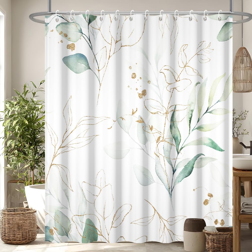 Uiiooazy Cortina de Ducha de Hoja Eucalipto, Cortinas de Ducha Verde Oro Abstracto Planta Cortinas de Baño Antimoho Impermeable Lavable Tejido de Poliéster Cortina Ducha con Ganchos 90x180cm — view 237