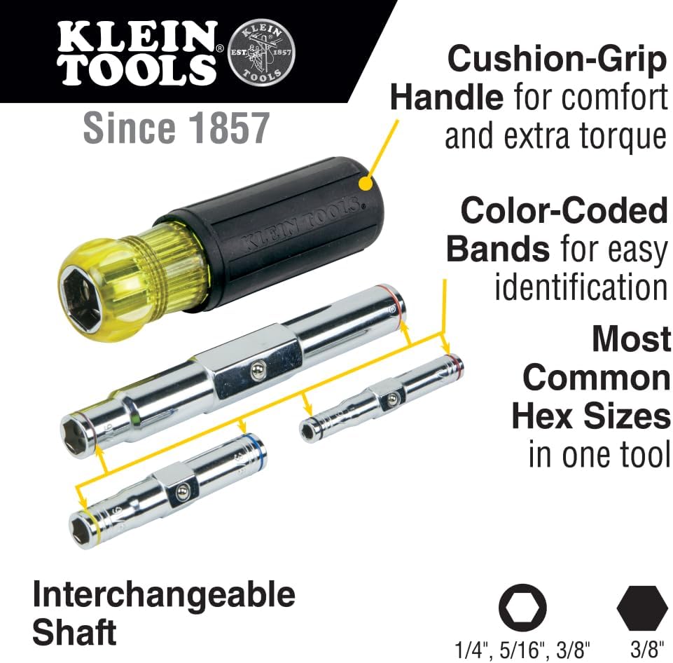 Klein Tools 32800 Nut Driver, 6-in-1 NutDriver Set, SAE Standard Six Point Hex Sizes with Heavy Duty Hollow Shaft, Black