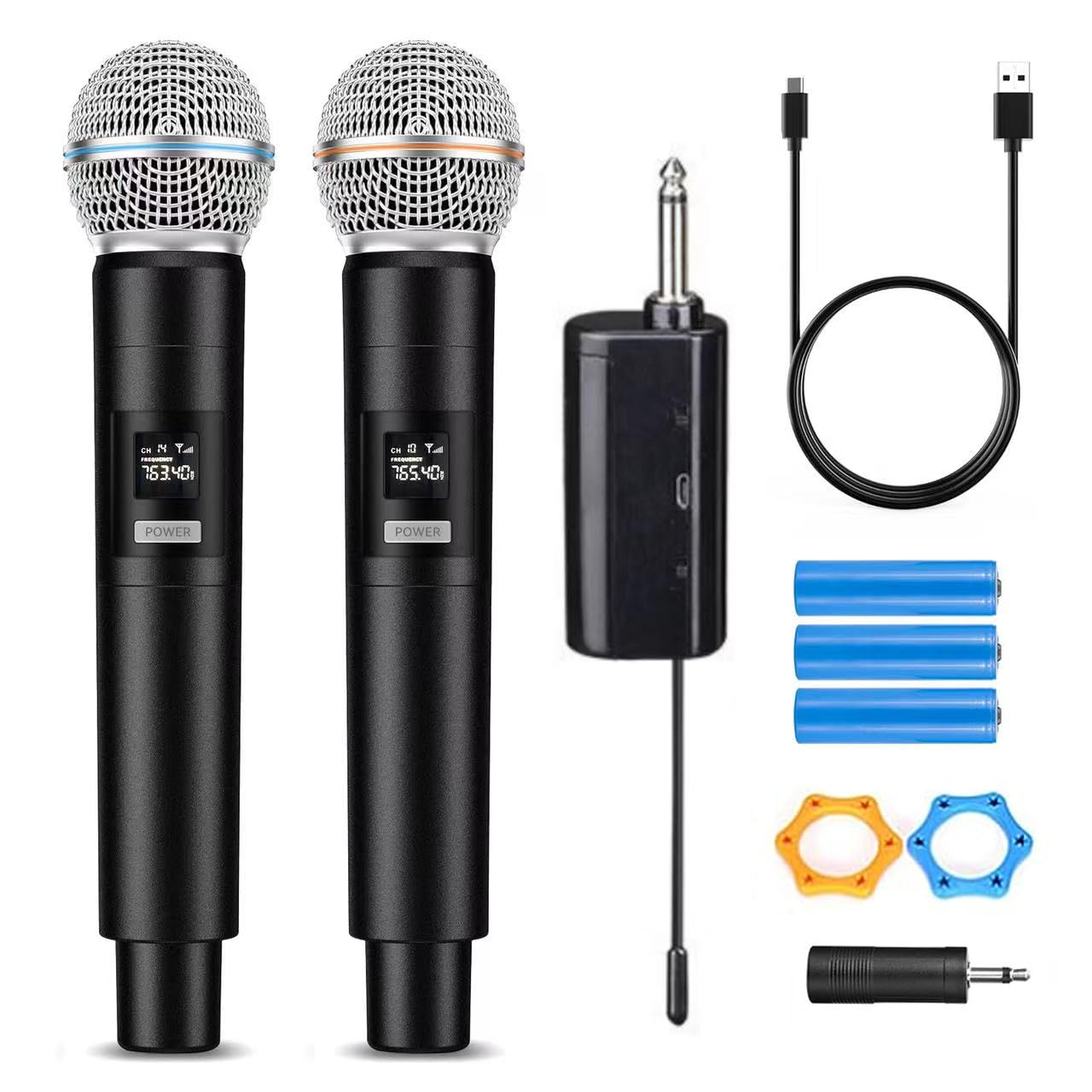 Wireless Microphone System for 2 People, 2.4G Dual Handheld Cordless Metal Dynamic Mic System with Rechargeable Receiver, for Karaoke Singing, Wedding, DJ, Party, Speech, Church, Class Use, 160ft