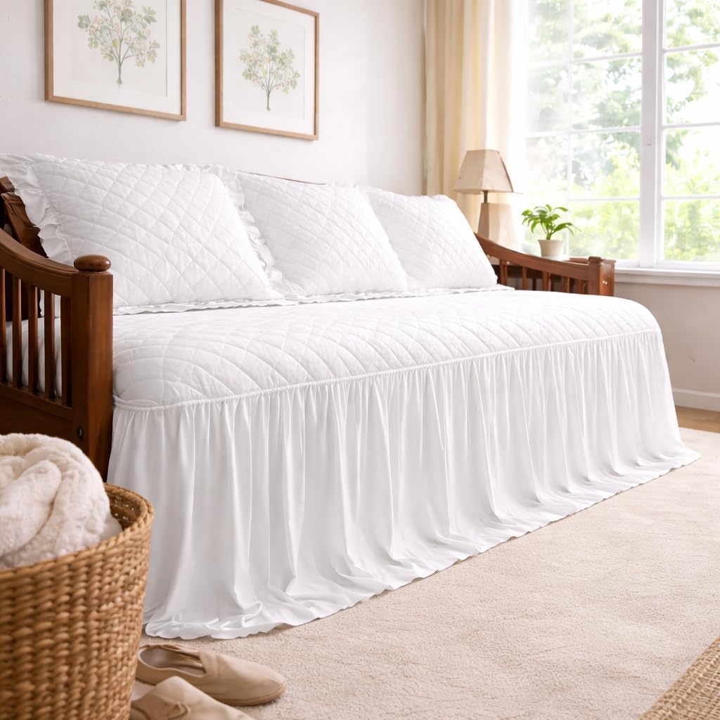 Cottington Lane Twin Ruffle Skirt Daybed Cover 4 Piece Bedspread Set, Brushed Microfiber 26" Long Drop, Vintage Quilted Summer Coverlet Bed Spreads, Lightweight Farmhouse Chic Style Bedding, White