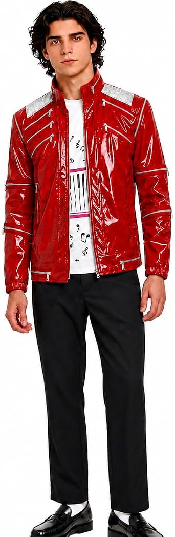 80s Rock Jacket Men Red Faux Patent Leather Jacket for Halloween and Themed Parties