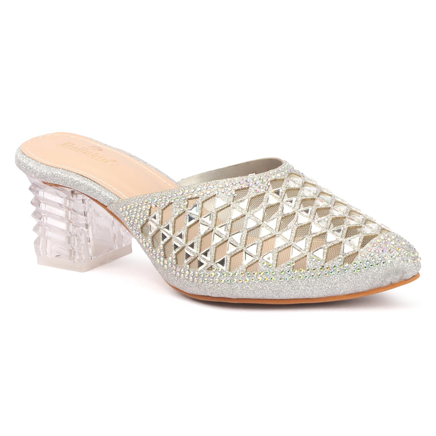 women champagne crystal studded block heel mules rhinestone net drn-31