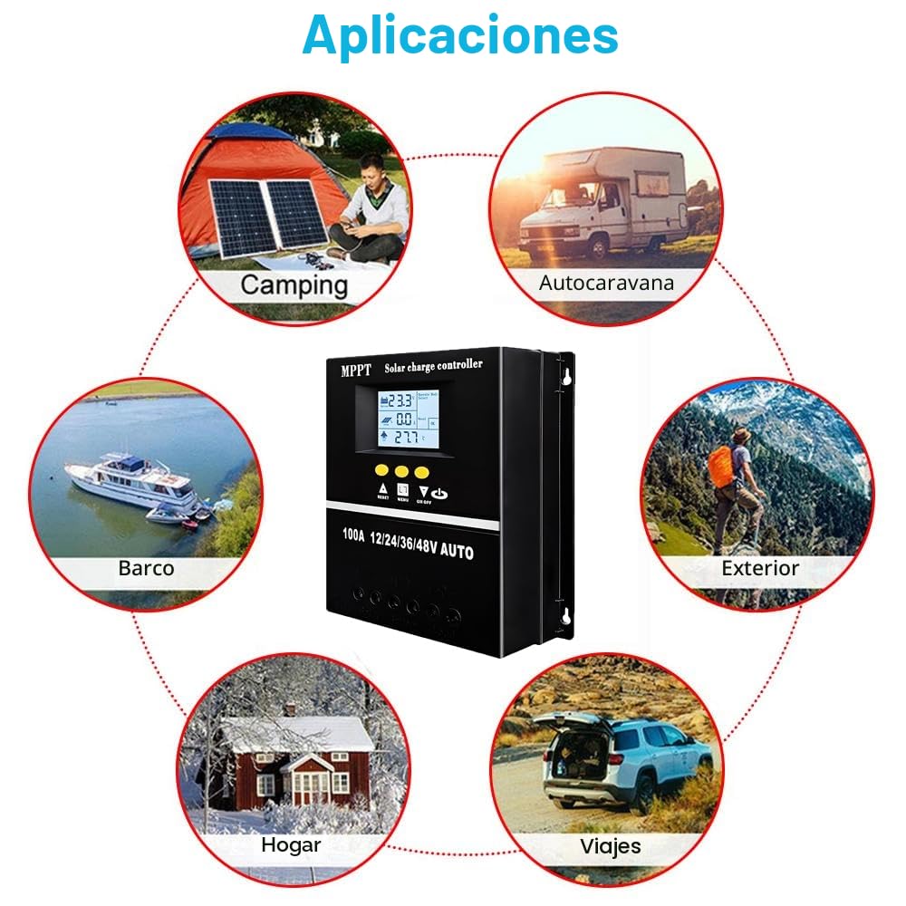 Y&H Regulador de carga solar MPPT 100A 12V 24V 36V 48V batería de pantalla LCD regulador inteligente máx. 100V entrada dual USB para plomo ácido/litio/LifePO4