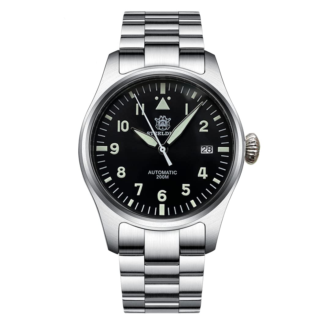 NIADI Automatic Mechanical Men's Watch Sapphire Crystal Stainless Steel Waterproof NH35 Automatic Pilot Watch Men (Black) 並行輸入品