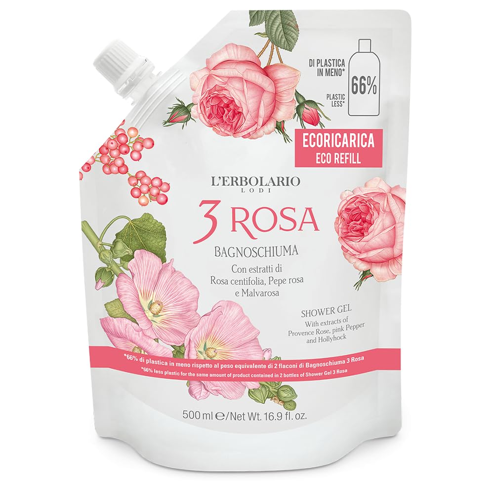 2x L' Erbolario - Bagnoschiuma 3 Rosa - EcoRicarica da 500 ml - 2 confezioni risparmio da 500 ml l'una - Confezione Risparmio ed Ecologica