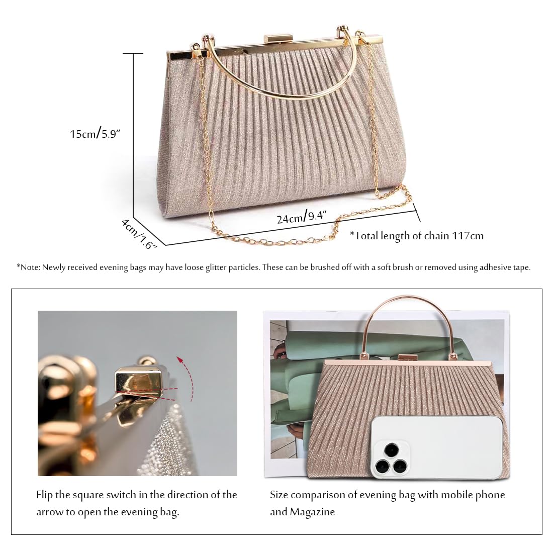 Pahajim Pochette Elegante Glitter Donna, Clutch Cerimonia, Borsetta Tracolla Piccola Brillantinata, Borsa Sposa per Balli, Feste, Matrimonio (Argento)