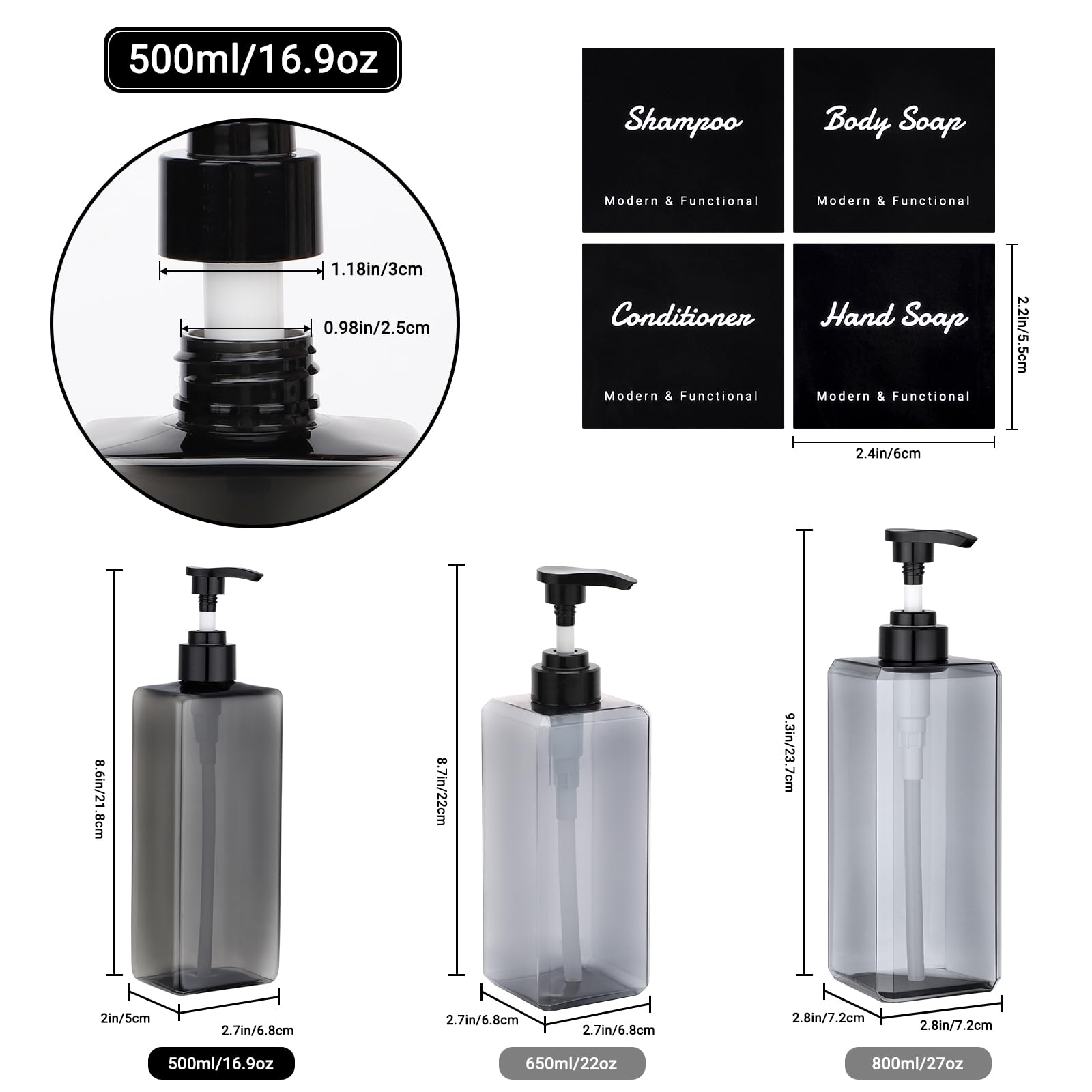 Segus Grey Soap Dispenser, 3 Pieces Pump Bottle Dispenser 500ml, Empty Bottles in Plastic with Labels - Image 2
