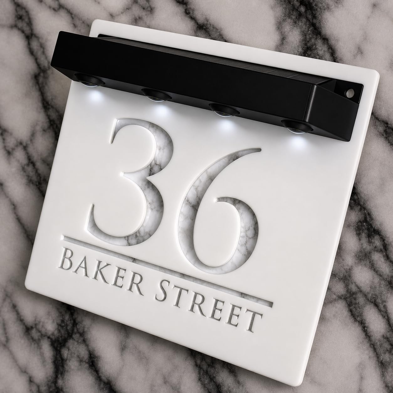 K Smart Sign | Bellissima S1 LED F32 | Square Solar Light House Signs Door Number Plaques With LED Personalised Name Address Sign For Wall With Classic Text (Matt White & White Marble)